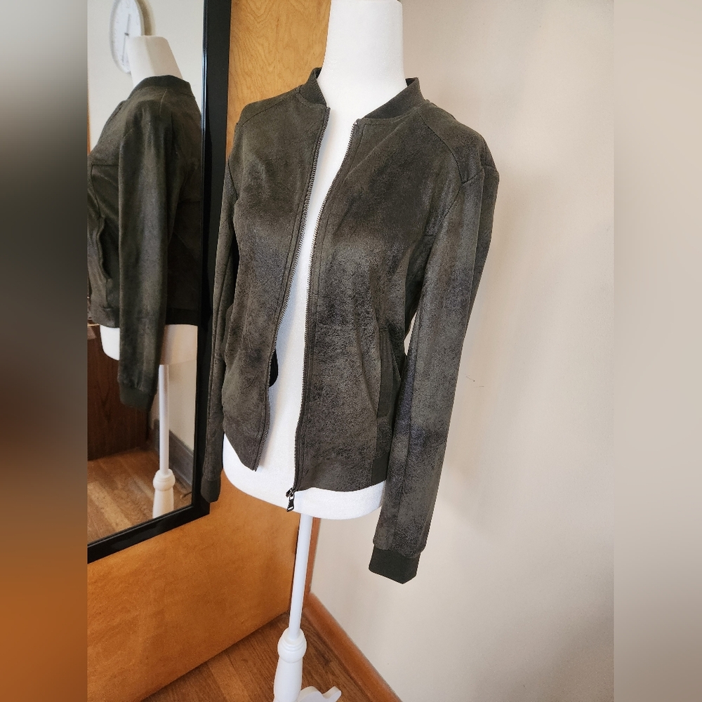 BNCI faux suede bomber jacket, green, size small